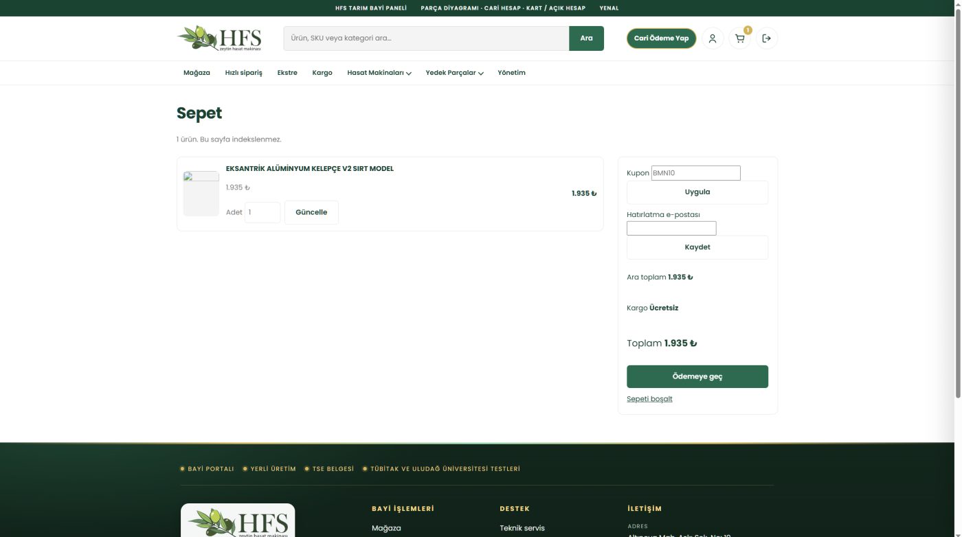 HFS Tarım bayi sepeti, anlaşma fiyatı görünen sipariş kalemi